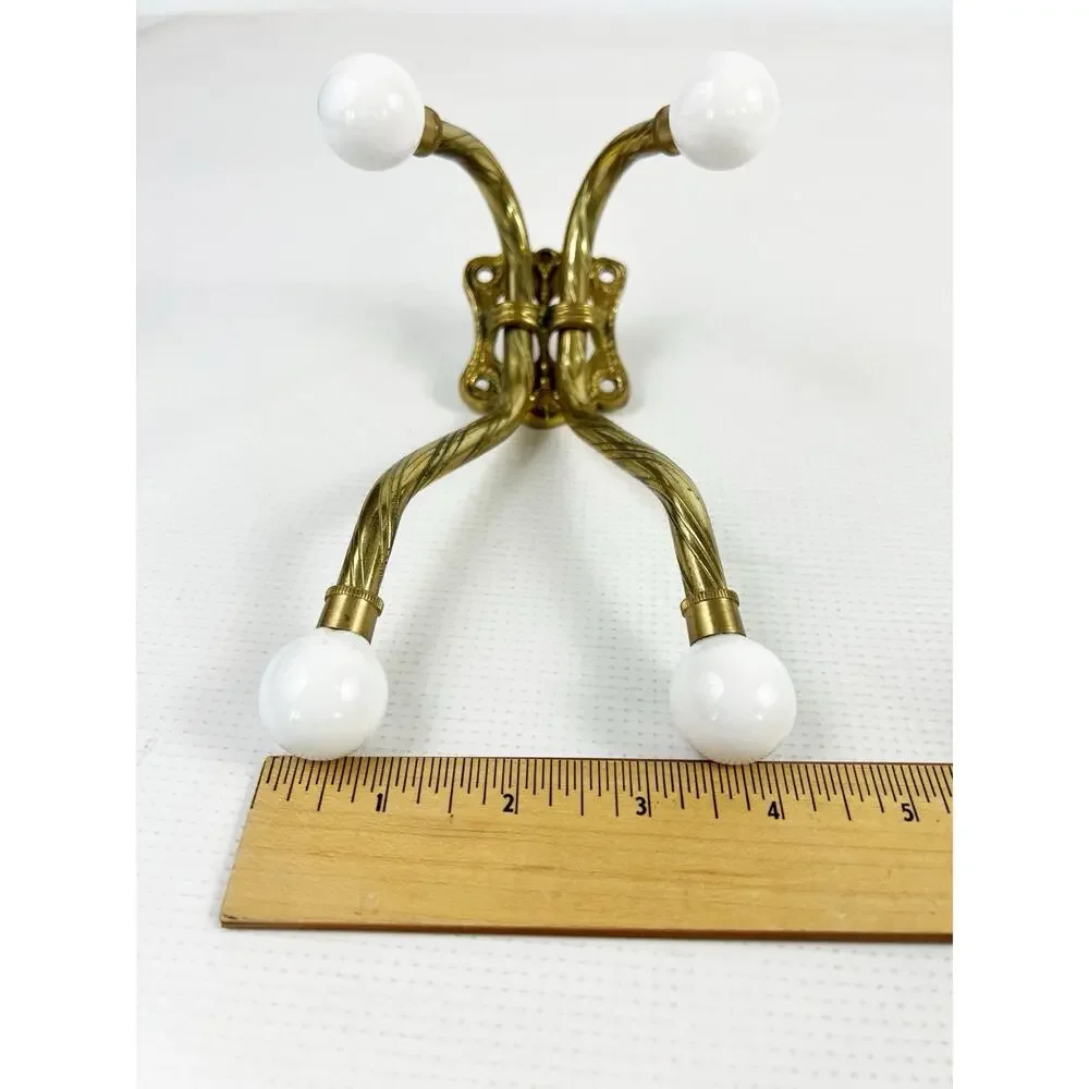 Vintage Wall Mounted 4-Hook Coat Rack Brass With White Knobs Patina Age